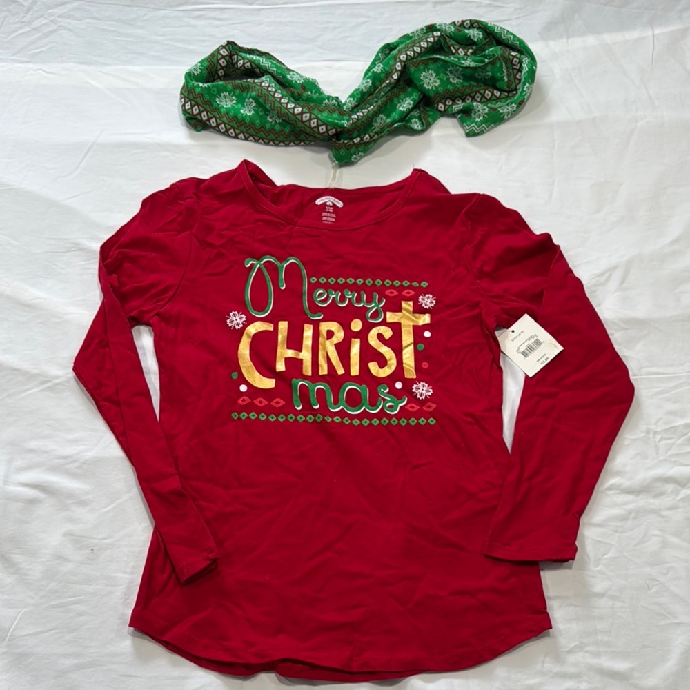 Holiday Time Red Merry Christmas Long Sleeve Tee & Scarf